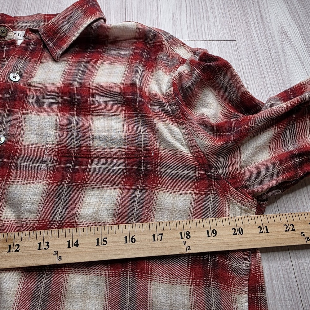 FRAME Slim Plaid Flannel Shirt Red Cream‎ Distressed Hem Button Up Medium - Picture 10 of 10